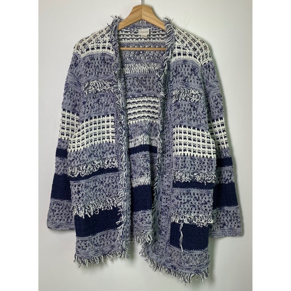 Chico's Open Front Cardigan Womens 3 XL Blue Crochet Fringe Coastal Grandma Boho